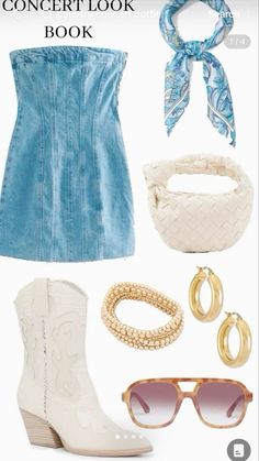 Country concert, concert inspo, country outfit, denim dress, white cowgirl boots, gold jewelry, cowgirl dress, cowgirl outfit, rodeo outfit Jean Dress Concert Outfit, Country Girl Concert Outfits, Coastal Cowgirl Concert Outfit, Blue Cowgirl Outfit, John Pardi, Beach Concert Outfit, Cody Johnson Concert, Wyatt Flores