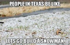 the ground is covered in snow and has words written on it that read people in texas be like let's go build a snowman