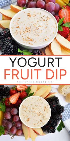 Try this Yogurt Fruit Dip for a tasty snack recipe made with simple ingredients like vanilla yogurt, brown sugar, and fresh fruit. It’s easy to make and perfect as a side dish to impress. Pair with cinnamon sugar chips or apple chips, and make it today! Appetizer Recipes Fruit, Sweet Sides, Cinnamon Sugar Chips, Greek Yogurt Fruit Dip, Healthy Fruit Dip, Yogurt Fruit Dip, Easy Fruit Dip, Fruit Dips Recipes, Fruit Yogurt