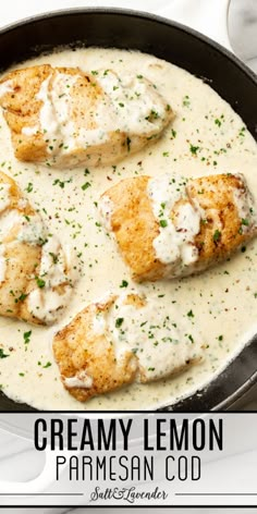 creamy lemon parmesan chicken in a cast iron skillet