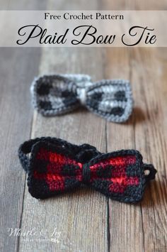 two crochet bow ties sitting on top of a wooden table