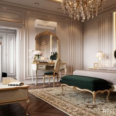 an elegant bedroom with chandelier, bed and dressing table in white and gold