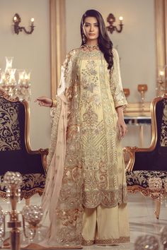 The new party and festive wear collection is geared up with chiffon embroidered Pakistani shalwar kameez for eid. You can buy lavish fancy wear online to adorn your special event look in an elegant way. Shirt: This lavish attire is highlighting its grace with lime color embroidered centre panels for shirt. Chiffon shirt is embellished with hand embellishments and organza work in beautiful patterns. Chiffon sleeves are also embroidered. Sleeves, front and front back of shirt are embellished with Shalwar Design 2023, Eid Shalwar Kameez, Eid Dresses Pakistani, Shalwar Kameez Pakistani, Shalwar Design, Lime Color, 2023 Color, Beautiful Pakistani Dresses, Eid Dresses