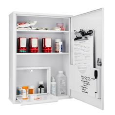 an open medicine cabinet with all the contents in it's compartments and labels on the door