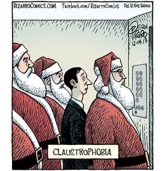 santa claus is talking to two men in red suits and white beards, with the caption'claustrophobia'above them