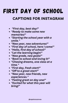 the first day of school captions for instagram is shown in black and white