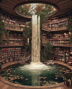 there is a waterfall in the middle of this library with bookshelves and water