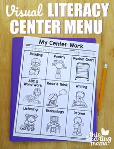 the visual library center menu is shown on a wooden table with pencils and markers