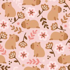 a pink background with brown bears and flowers