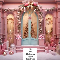 a pink christmas background with presents and trees in front of the door that says pink christmas digital backdrop