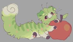 a drawing of a caterpillar eating an apple