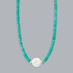 Ross-Simons - 11.5-12.5mm Cultured Pearl, 4-5mm Turquoise Bead Necklace, 14kt Yellow Gold. 16". This necklace has a fresh combination of colors that evokes the spirit of a summer sky! Features a splashy strand of 4-5mm round stabilized turquoise beads that culminate to an 11.5-12.5mm cultured freshwater pearl centerpiece. Spacers and a clasp of 14kt yellow gold complete the design. Fishhook clasp, white pearl and turquoise bead necklace. Pearl Centerpiece, Turquoise Bead Necklaces, Summer Sky, Turquoise Beads, White Pearl, Cultured Pearls, Bead Necklace, Pearl White, Freshwater Pearls