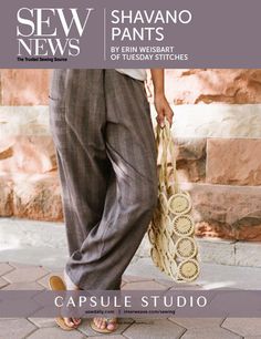 the cover of sew news shows a woman holding a bag and sandals on her feet