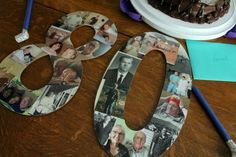 the number 50 is made out of photos and sits next to a plate with a cake on it