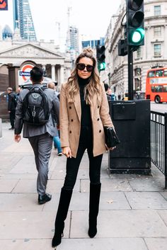 Classic Black and Camel Peacoat Outfit, Black Boots Outfit, Hello Fashion, Boating Outfit, Camel Coat, Coat Outfits, Winter Fashion Outfits, Womens Fashion Trends