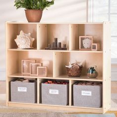 a wooden shelf with three bins filled with books and other items next to a potted plant