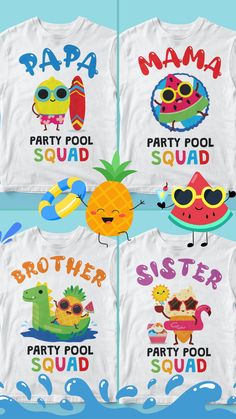 four t - shirts with the names of different types of watermelon and pineapples