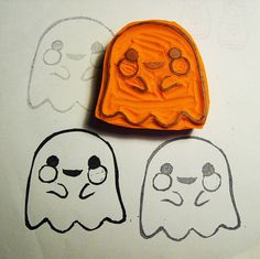 ghostie Halloween hand carved stamp by miss thundercat Linoleum Stamps, Linoleum Printmaking, Stamp Inspiration, Horror Crafts, Halloween Stamps, Halloween Postcard, Stamp Diy, Bullet Journal Banner