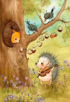 a hedgehog playing the violin in front of a tree with birds on its back