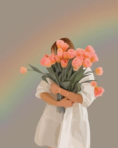 a painting of a woman holding a bouquet of flowers with a rainbow in the background