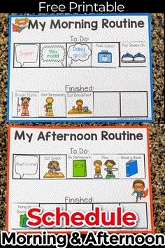 two printable morning routine cards with the words, my afternoon routine