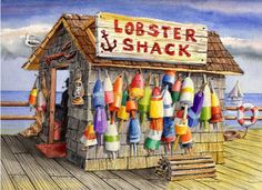 a drawing of lobster and shack with colorful umbrellas on the front porch by the ocean