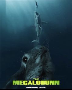 the megaloboun movie poster with an animal in the water and a man standing next to it