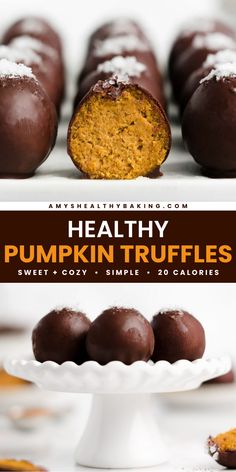 A fall treat featuring homemade truffles! With a dark chocolate coating and lots of cozy spices, these Healthy Pumpkin Truffles are a delicious Thanksgiving dessert idea. This simple pumpkin recipe is also vegan, clean eating, low fat, low sugar, dairy free, and egg free with a gluten free option! Thanksgiving Dairy Free Desserts, Healthy Desserts With Dark Chocolate, Gluten Free Pumpkin Truffles, Paleo Pumpkin Truffles, Pumpkin Puree Desserts Healthy, Dairy And Egg Free Thanksgiving Recipes, Keto Gluten Free Dairy Free Desserts, Clean Eating Thanksgiving Desserts, Clean Thanksgiving Dessert