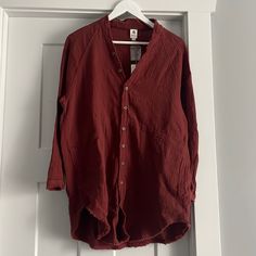 Oversized Maroon Linen Button Up. Size Small. Frayed Hem Oversized Red Button-up Blouse, Oversized Red Button-up Tops, Oversized Red Tops With Button Closure, Red Oversized Top With Button Closure, Red Oversized Buttoned Tops, Oversized Red Tops With Buttons, Red Button Closure Shirt For Daywear, Red Shirt With Button Closure For Daywear, Red Buttoned Tops For Daywear