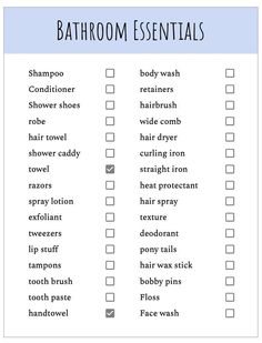 bathroom essentials checklist with the words, bath room essentials and other items