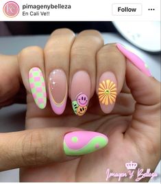 Bartender Nails, Bright Fun Nails, Festival Nail Ideas, Rave Shoes, Hand Painted Nails, 2024 Nails, Retro Nails, Hippie Nails