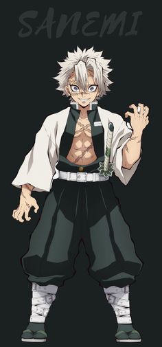 an anime character with white hair and black pants, holding his hands up in the air