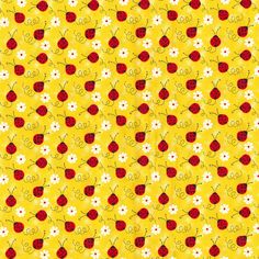 a yellow background with ladybugs and daisies on the bottom, in red and white