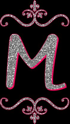 the letter m is made up of silver and pink glitters on a black background