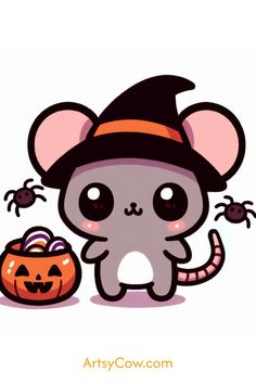 a cartoon mouse with a hat and pumpkin