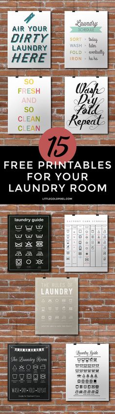 a bunch of different types of signs on a brick wall with the words free printables laundry room