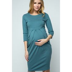 3/4 Sleeve Round Neck Front Pleat Maternity Dress Spring Long Sleeve Bump Friendly Dress, Spring Blue Nursing-friendly Dress, Spring Blue Nursing Friendly Dress, Blue Long Sleeve Maternity Dress For Spring, Light Blue Maternity Dress For Spring, Fitted Long Sleeve Nursing-friendly Dress, Fitted Long Sleeve Nursing Friendly Dress, Fitted Blue Nursing-friendly Maternity Dress, Fitted Blue Maternity Dress Nursing Friendly