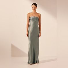 Shona Joy Sage Green Maxi Dress - Worn Once, Altered For 5'4 Height. Shona Joy La Lune, Sage Green Maxi Dress, Shona Joy Dress, Sage Dress, Shona Joy, Maxi Dress Prom, Strapless Maxi, Grad Dresses, Ruched Bodice