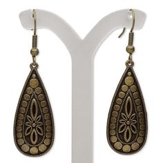 Earrings feature floral design fancy teardrop. Ready-to-wear earrings are ideal for gift-giving, counter sales or extending current jewelry lines. Everyday Jewelry, Fish Hook, Ear Wire, Earring Gifts, Antique Brass, Floral Design, Ready To Wear, Brass, Floral