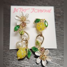 Beautiful Lemon And Floral Dangle Earrings Pink White And Green Crystals And Pearl Accents Gold Tone Metal And Color Enameling Post Stud Backings Yellow Drop Earrings For Spring, Elegant Yellow Earrings For Spring, Yellow Jewelry For Spring Party, Yellow Spring Party Jewelry, Elegant Yellow Spring Jewelry, Yellow Dangle Earrings For Spring, Betsey Johnson Jewelry, Earrings Pink, Lovely Jewellery