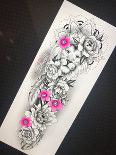 a tattoo design with flowers and a lion on the back of a sheet of paper