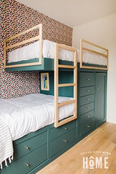 two bunk beds are next to each other in a room with wooden floors and wallpaper