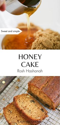 honey cake is being drizzled with syrup and served on a cooling rack