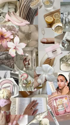 a collage of photos with flowers, candles and other things in them that are pink