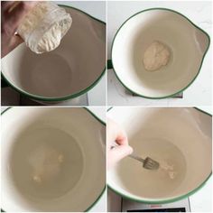 four pictures showing how to mix ingredients in a bowl