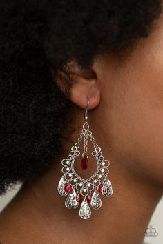 A collection of plain and filigree-filled silver teardrops and red crystal-like teardrops dangle from the bottom of a frilly silver frame dotted in dainty white rhinestones. A solitaire red crystal-like bead is suspended from a single chain at the top for a whimsical finish. Earring attaches to a standard fishhook fitting.

 Sold as one pair of earrings. Rose Quartz Stone, Paparazzi Accessories, Red Earrings, Blue Gems, White Rhinestone, Pink Accents, Paparazzi Jewelry, Pink Earrings, Red Crystals