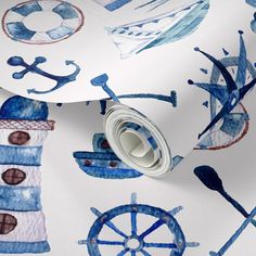 watercolor blue and white nautical themed wallpaper