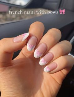 Pink Ribbon Nails, Paznokcie Hello Kitty, Bow Nail Designs, Bow Nail Art, Nail Looks, Cute Simple Nails