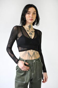 CROSS OVER LONG SLEEVE MESH TOP – NOCTEX Mesh Top Outfit, Mesh Layering, Black Mesh Top, Layering Outfits, Feminine Outfit, A Cross, Buy Now Pay Later, Edgy Outfits, Bra Styles