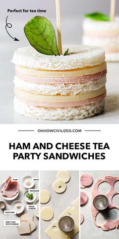 ham and cheese tea party sandwiches with text overlay that says ham and cheese tea party sandwiches